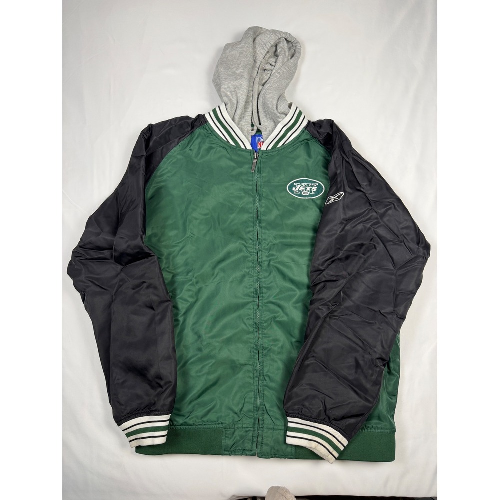 Reebok New York Jets NFL Football Hooded Bomber Jacket Mens‎ Large Green Black